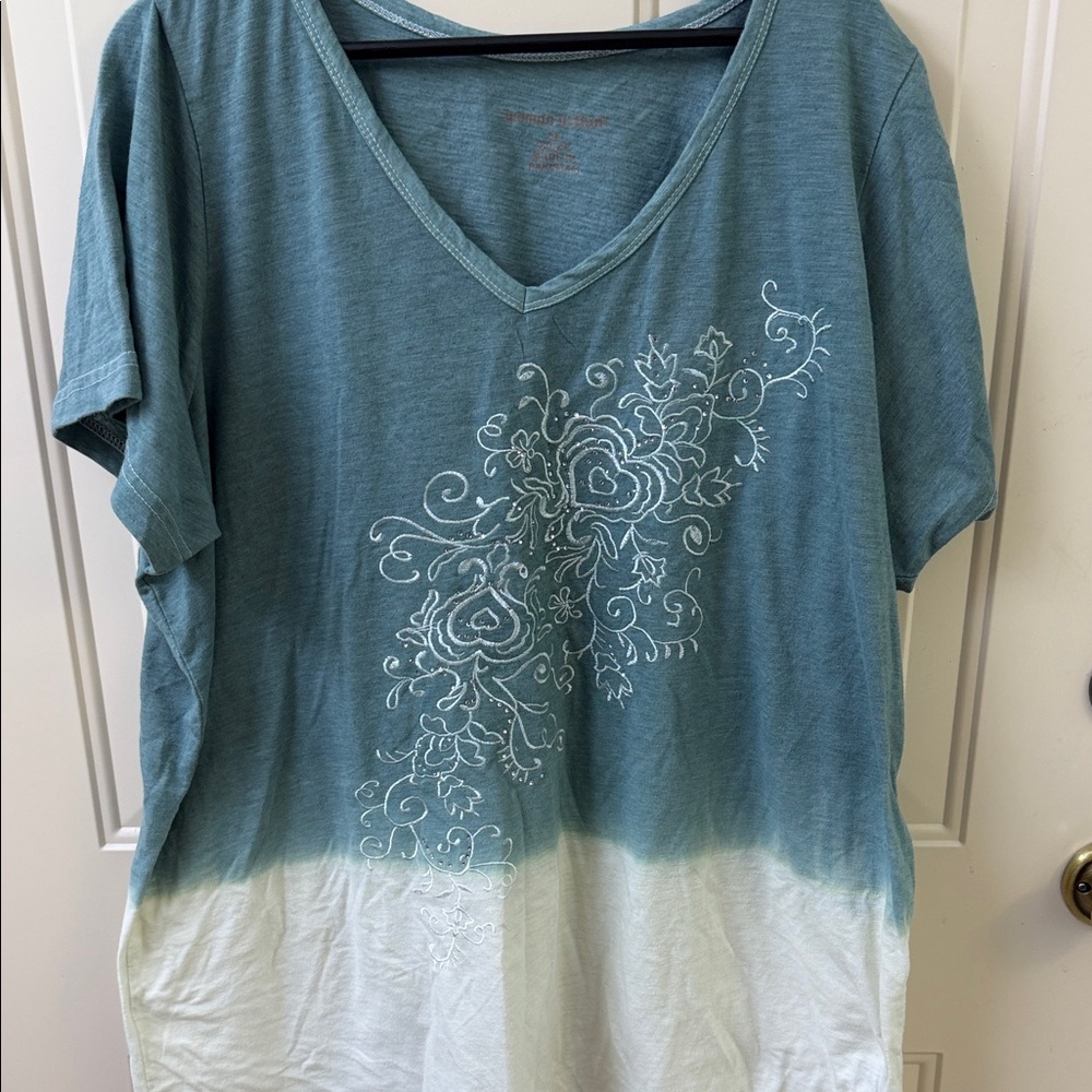 Woman Within Teal-to-White V-Neck Floral Ombre Tee